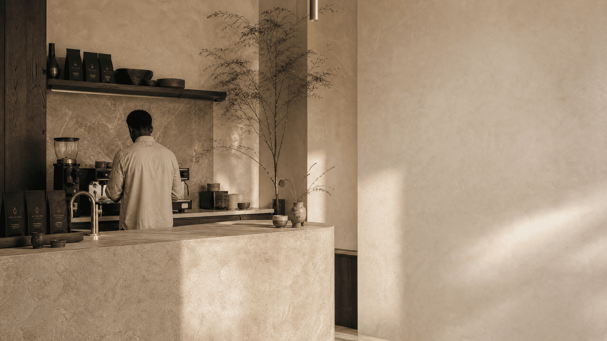 A quiet coffee bar with warm stone finishes and Melkora coffee on display